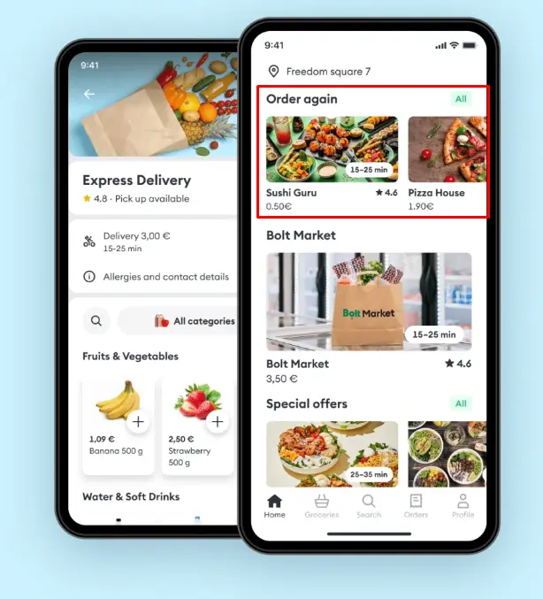 “Order again” tab in Bolt Food app