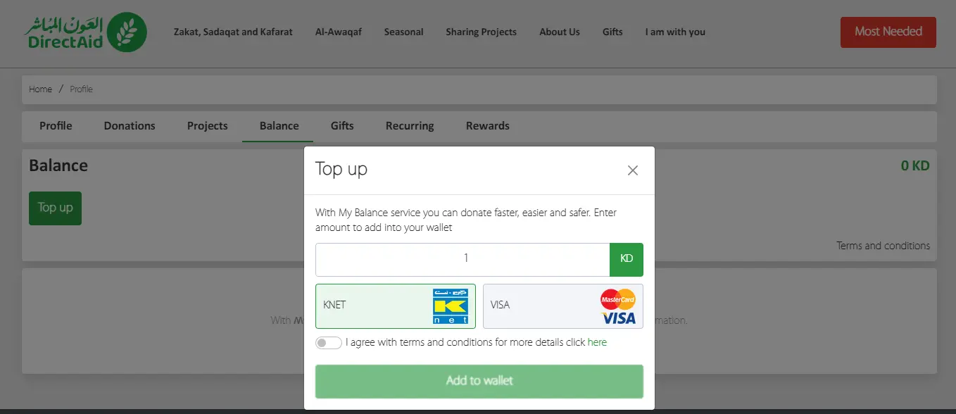 You can conveniently add funds to your Direct Aid e-wallet using various payment systems.